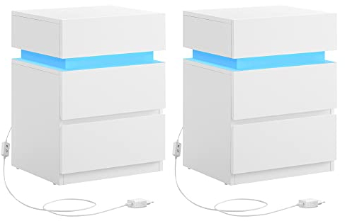 VASAGLE KAILYN Colección - Juego de 2, Mesita de Noche con Tira de Luz LED Multicolor Variable, 3 Cajones, Mesa Auxiliar, Estilo Moderno, 35 x 40 x 55 cm, Blanco Nube LET0830W01