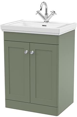 nuie CLC825A Classique Traditional Bathroom Floor Standing 2 Door Vanity Basin Unit with 1 Tap Hole Fireclay Basin, 600mm, Satin Green