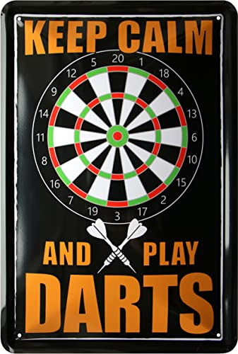 WOGEKA ART Retro Blechschilder - Keep Calm And Play Darts - lustiger Spruch als Geschenk-Idee für Dart-Fans zu Geburtstag Weihnachten zur Deko 20x30 cm Vintage Metall-Schild 987