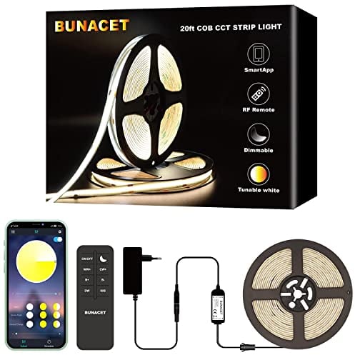 COB LED Streifen Strip 6M 24V Dimmbar Weiß, BUNACET LED Leiste Band Stripes Lichtband Warmweiß 3000K-6500K Kaltweiß 3456 LEDs, mit Netzteil RF Fernbedienung & APP Bluetooth für Küche Schlafzimmer Deko