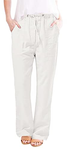 Sommer Hosen Frauen Hose Schwarz Damen Jeggings Damen Einfarbiges Tunnelzug Stretch Leinenhose High Waist Freizeithose Geradem Bein Business Hose Arbeitslatzhose Damen (Weiß, L)