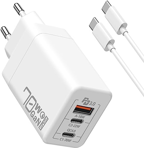AVUMDA 70W USB C Chargeur Rapide, 3 Ports PD 3.0 GaN Adaptateur Type C avec Câble 100W pour MacBook Pro Air M1 M2 Dell XPS iPhone 15 iPad Pro Air Samsung Galaxy S23 Ultra Plus S22 Steam Deck