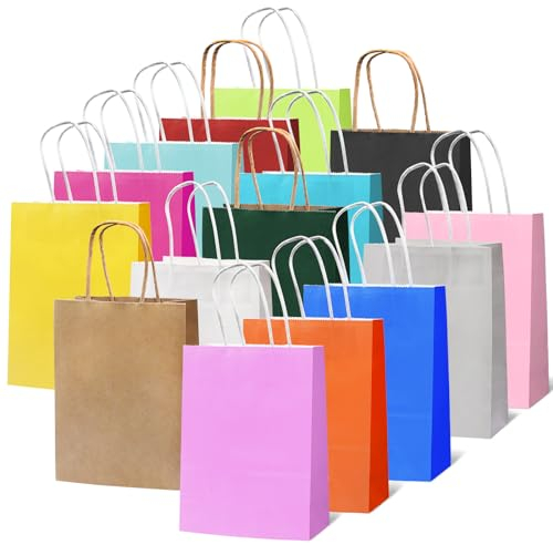Sacs Cadeaux Multicolores avec Anse 15 Pièces Sacs en Papier Multicolores, Sacs de Fête en Papier Kraft Multicolores, pour les Fêtes de Noël,Mariages,Anniversaires,Célébrations,Bonbons,DIY(21x15x8cm)