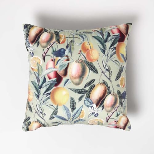 Homescapes Samt-Kissenbezug Tropical Fruits 46x46 cm, Florale Dekokissen-Hülle, Wendekissen-Bezug Mehrfarbig/dunkelgrün