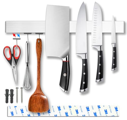 YIIYIIN 16 Inch Magnetic Knife Holder for Wall Mount with Magnetic Hooks - No-Drill Adhesive - Knife Magnetic Strip - 304 Stainless Steel Magnetic Kitchen Utensil Hanger/Holder/Rack/Bar