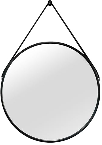 BD ART Wandspiegel mit Aufhängeband aus Leder, 60 cm runder Spiegel für das Schlafzimmer, Badezimmerspiegel, Schwarze, Wandspiegel für den Flur