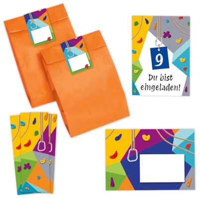 Minkocards 12 Einladungskarten zum 9. Kindergeburtstag Klettern Bouldern Mädchen Jungen Einladungen neunte Geburtstag incl. 12 Umschläge, 12 Partytüten/orange, 12 Aufkleber, 12 Lesezeichen