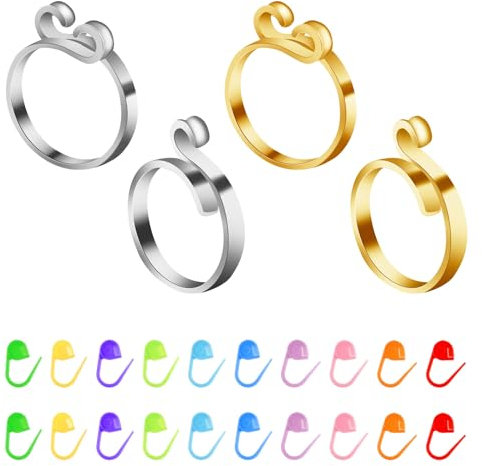Molain 4 Stück Häkelringe mit 20 Süßigkeiten farbigen Nähmarkern, Häkelringe zum Häkeln Stricken verstellbare Häkelringe sind die perfekte Hilfe für Häkelzubehör (Silber + Gold)