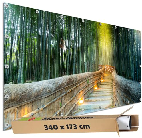 TRIOSK Große Motivplane Sichtschutz Zaunblende mit Motiv Bambus Lichterweg Bambuswald Motivbanner Garten Deko Plane Blickdicht für Zaun Terrasse Gartenzaun Zaunplane PVC 340x173 cm