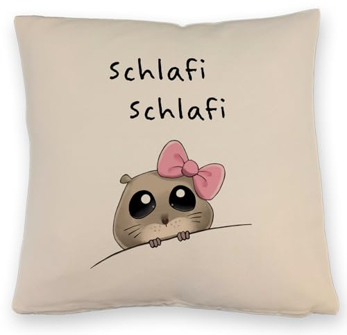Meme Hamster Kissen mit Leinenoptik mit Spruch Schlafi Schlafi Berühmt Trendy Traurige Maus mit Kulleraugen Hamstertrend Kissen mit Leinenoptik