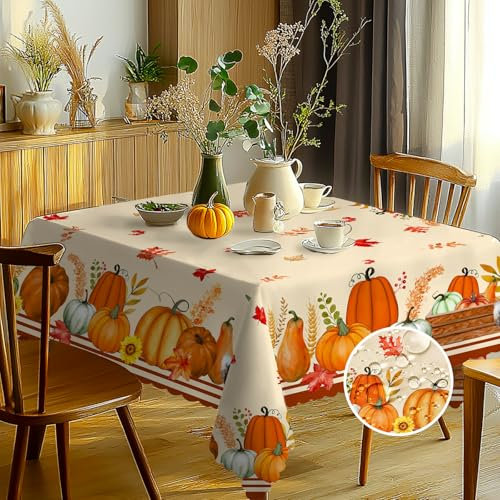 Herbst Tischdecke Abwaschbar Rechteckig Kürbis Gartentischdecke Fleckschutz Wasserdicht Tischtuch Pflegeleicht Outdoor Tischdecken für Küche, Esstisch, Party, Abendessen 140x180cm