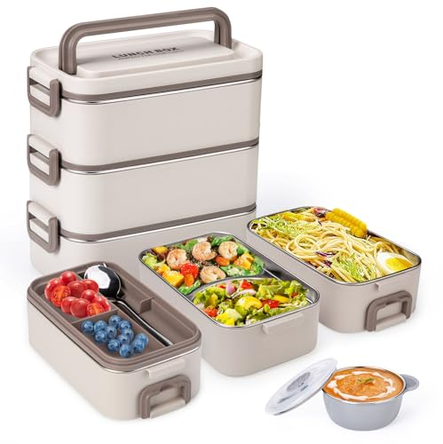 Reabulun Bento Box - Lonchera apilable de acero inoxidable 304 de 3 capas para adultos y niños, oficina, 3 litros, contenedor portátil de gran capacidad con cuenco de sopa, cuchara y tenedor