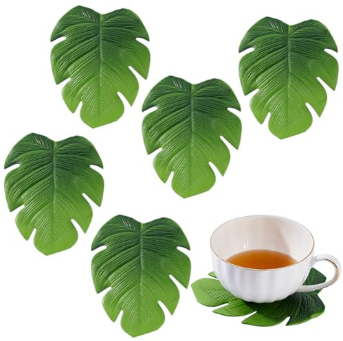 AHANDMAKER Lot de 6 dessous de verre verts avec feuilles de Monstera, sous-verres de plantes de la jungle, dessous de verre imitation plante pour boissons, sets de table à café pour pendaison de