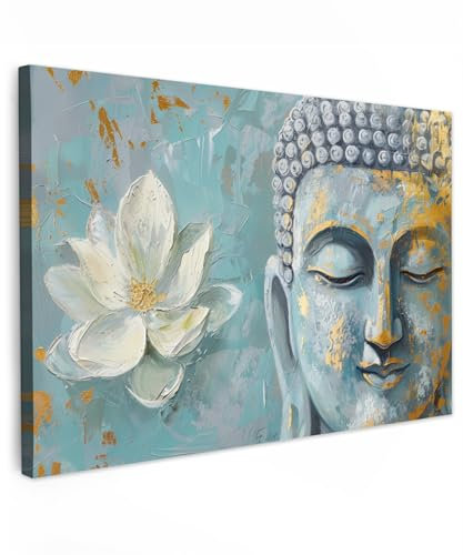 MuchoWow© Bild auf Leinwand 90x60 cm Schlafzimmer Bilder Badezimmer Wand Deko Wohnzimmer Modern Wanddeko Bilderwand Geschenk Buddha - Zen - Blume - Lotus - Gold - Luxus