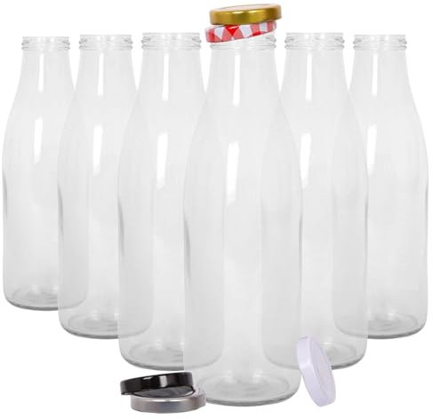 Argon Tableware Glass Milk Bottles with Lids - 960ml - Pack of 6 - Metal Lids Empty Clear Reusable BPA Free Water Bottle Orange Juice Container for Fridge Storage, Picnics, Weddings