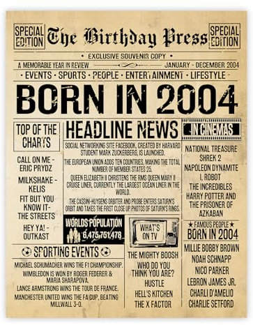 Stuff4 21st Birthday Poster Unframed - Born In 2004 Vintage Newspaper - Happy 21st Birthday Gifts for Women Men Retro Back In 2004, 8x10 Inch Twenty-One Twenty-First Decor Decoration Bday Party