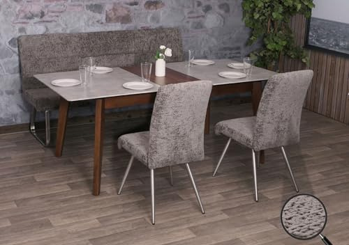 Mendler Esszimmer-Set HWC-G55, 2er-Set Stuhl + Sitzbank 180cm, Edelstahl gebürstet Stoff/Textil Chenille - dunkelgrau