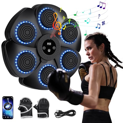 Musik Boxmaschine, 2024 Neue Bluetooth Boxmaschine Wandmontage mit Boxhandschuhen, 9 Geschwindigkeitsmodi und Zählmodus, Musikboxmaschine für Erwachsene und Kinder Übung (Schwarz+Handschuhe)
