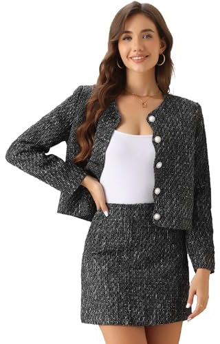 Allegra K Ensemble Blazer enTweed Femme Costume 2 Pièces Élégant Ensemble avec Jupe Moulante et Blazer Col Rond Boutonné Tailleur d'affaires Noir S