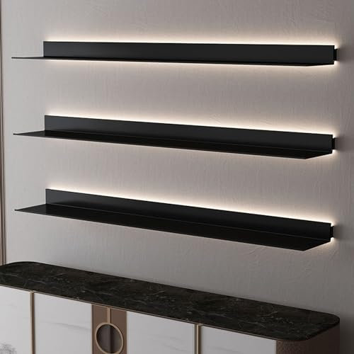 IUBGFTO Schwebende Regale mit unsichtbaren Halterungen und Lichtleisten, Hängeregal aus Metall mit LED-Leuchten, Wandregal zur CD- und DVD-Aufbewahrung für Badezimmer, Wohnzimmer,80x20x6cm
