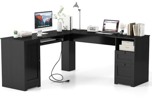 COSTWAY Schreibtisch L-Form, Eckschreibtisch mit Ladestation, Tastaturablage, Schrank und 2 Schubladen, Ecktisch, Computertisch, Bürotisch für Zuhause oder Büro, 168 x 168 x 76 cm (Schwarz)