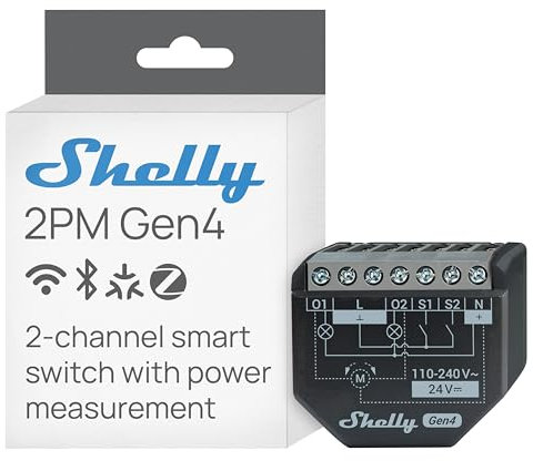 Shelly 2PM Gen4 - Module volet roulant connecté Matter, Zigbee, Wi-Fi, 2 Canaux 8A, Mesure consommation électrique, Contrôle app, Compatible Alexa, Google, SmartThings, Apple Homekit