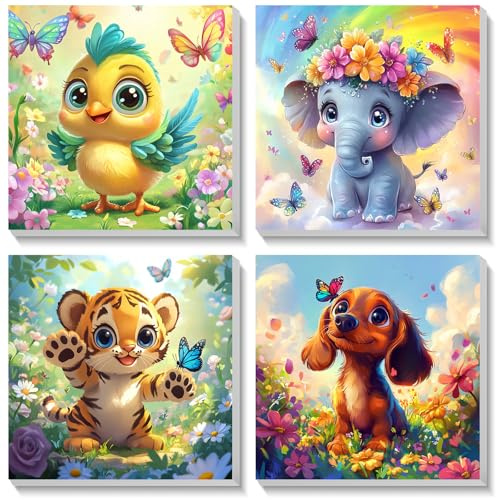 Bowetile 4 Pack Animal Pintar por Numeros Adultos Niños Principiantes con Marco, Kit DIY Cartoon Cuadros para Pintar por Numeros, Pintura Acrilica Manualidades Niña, Regalo 4-8-12+ Años 20X20cm