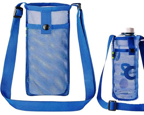 Luxiremi Sac pour bouteille d'eau portable, sac à bouteille d'eau, porte-bouteille d'eau avec sangle réglable, en maille, accessoire d'extérieur pour randonnée, voyage, camping (bleu)