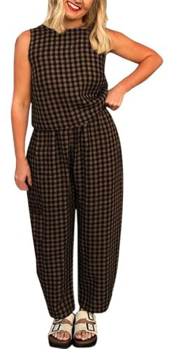 Ensemble de Pantalons pour Femme - Loose - À Carreaux - sans Manches - Col Rond - Gilet et Taille élastique - Pantalon Chino Y2k - Tenues Vichy Confortables - Deux pièces Confort