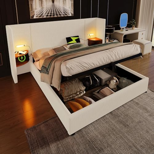 Rtopsu Polsterbett Doppelbett 180x200 cm mit Leselampe und USB-C, Bett mit Nachttisch und Hydraulischer Stauraum, Stauraumbett Bettgestell mit Lattenrost aus Holz, Cordstoff, Beige, Ohne Matratze