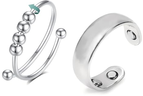 ROKZELT Magnet Ring, Magnetringe Damen, 2 Wechseljahre Ring, Edelstahl Silber Regulierbar, Akupressur Anti Stress Ring, mit Veloursbeutel, Reduziert Stress, Angstgefühle und Verbessert Schlafqualität