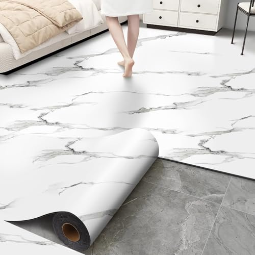 Luxury Thicken Matte Grey White Marble Peel and Stick Floor Tiles Self-Adhesive Vinyl Flooring Roll-DIY Easy for Wall and Floor,Hard Surface/Waterproof/Anti Slip (Not Real Marble, 17.72 W x 393.7 L)