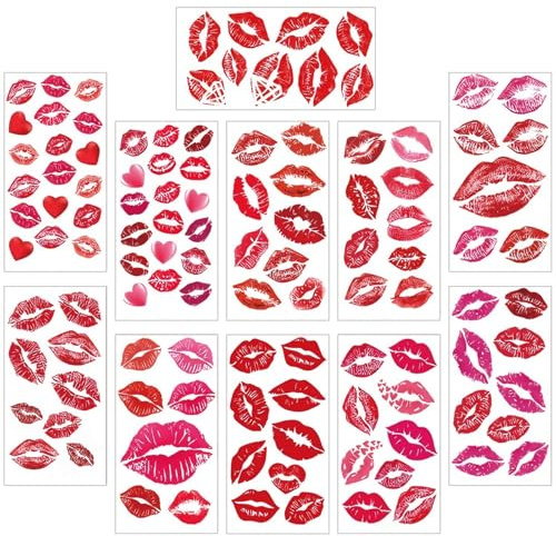 UK Red Lips Kiss Mark Tattoos (11 Sheets), Temporary Waterproof Lipstick Transfers for Face & Body, Realistic Fake Tattoo Stickers for Women & Girls, Fun Makeup Accessory for Festivals & Nights Out