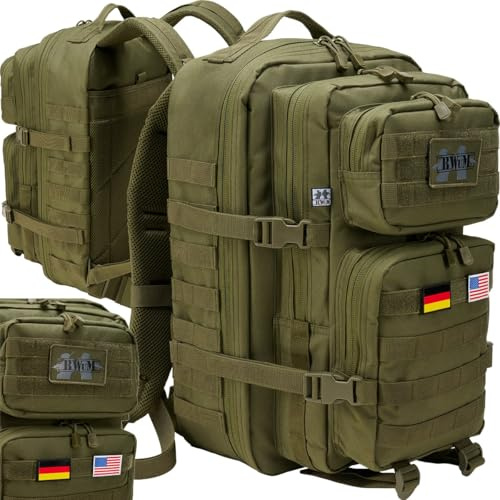BWuM US Assault Pack Cooper Rucksack + Patch & Flaggen (Oliv, Xlarge (70l))