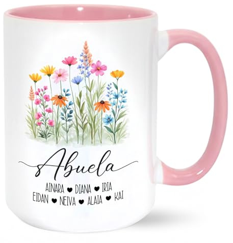 Gifters | Taza Personalizada Abuela con Nombres de los Nietos | Tamaño XXL - 450 ml | Rosa | Diseño Flores Naturales | Regalo Original, Emotivo, Día de la Abuela, Cumpleaños y Navidad