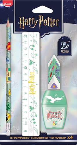Maped HARRY POTTER Schul-Set 4-teilig – Jubiläum 25 Jahre Limited Edition, Lineal, Bleistift, Radierer & Anspitzer, magisches Schreibset für Schule & Fans