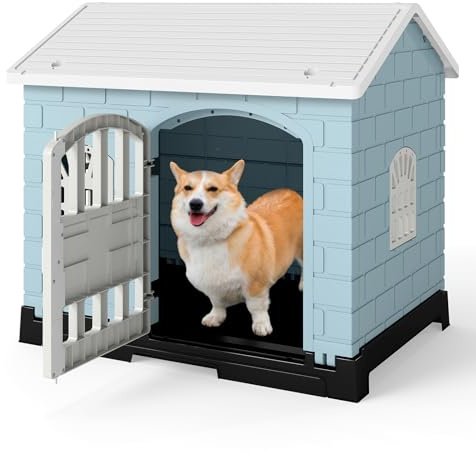 GYMAX Plastic Dog House, Indoor Outdoor Dog Kennel with Removable Toilet Tray, Lockable Door, Slanted Roof & 3 Windows, Weather-Resistant Puppy Shelter for Small Medium Cats Rabbits (Light Blue+White)
