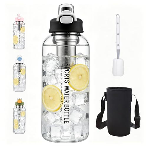 Trinkflasche Glas, 1/1.5 L Trinkflasche mit Strohhalm, Glasflasche mit Reinigungsbürste, trinkflasche spülmaschinenfest, für Fitnessstudio, Wandern, Camping, Büro, Schule (Schwarz, 1, Liter)