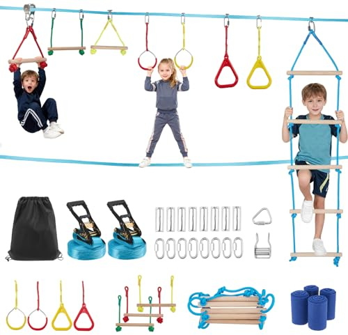 8-in-1 Slackline Set für Kinder 3-10 Jahre, Ninja Kletterhindernisse Garten, mit Seilrutsche Affenstangen Kletterringen Leiter, Baumschutz, Bis 50KG Belastbar, Outdoor Spielzeug