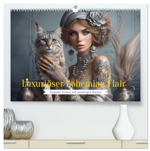 Luxuriöser Bohemian Flair - Elegante Frauen mit anmutigen Katzen (hochwertiger Premium Wandkalender 2026 DIN A2 quer), Kunstdruck in Hochglanz: Die ... ihren anmutigen Katzen (CALVENDO Menschen)