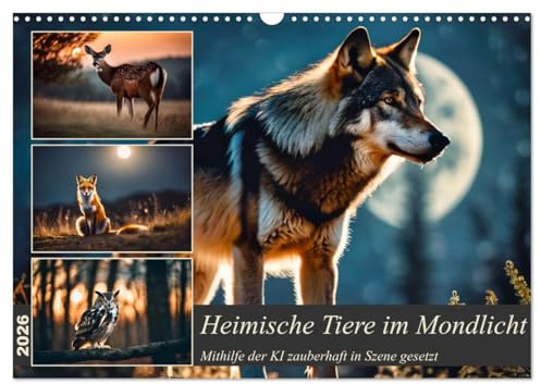 Heimische Tiere im Mondlicht (Wandkalender 2026 DIN A3 quer), CALVENDO Monatskalender: Wolf, Adler und Co. von der KI in Szene gesetzt (CALVENDO Tiere)