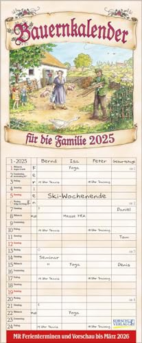 Bauernkalender 2025: Familienplaner - 4 große Spalten mit viel Platz. Hochwertiger Familienkalender mit netten Bildern, Ferienterminen und Vorschau bis März 2026. 19 x 46 cm.