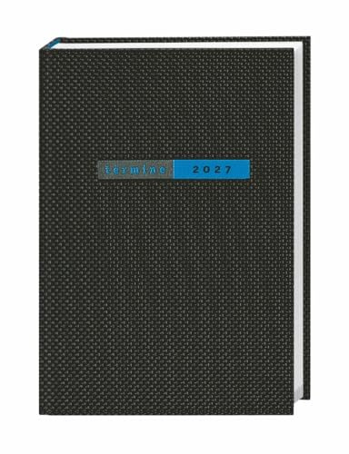 Terminer A6, Struktur schwarz 2027: Schwarzer Terminkalender mit strukturiertem Einband. Wochenplaner mit Zitaten und Lesebändchen. Taschenkalender 2027 zum Planen von Terminen.