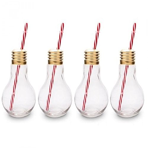 CKB LTD® Lot de 4 Edison Light Bulb Ampoule Verres à cocktail Nouveauté Avec Paille 400ml - Idéal pour les boissons gazeuses, bières, cocktails & rhum