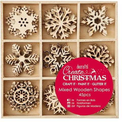 Create Christmas Small Mixed Wooden Shapes, Snowflakes, Brown, Pack of 45, Suitable for Home, Wood Paint, Wooden Toys and Card Craft, Ideal for Christmas Decorations and Card Making Supplies