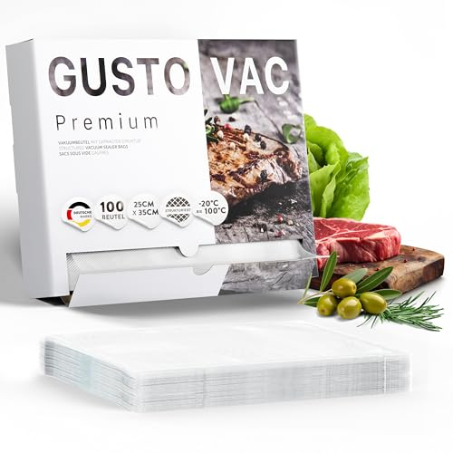 GustoVac Premium Vakuumbeutel, 100 Stk. 25x35cm Profi- Folienbeutel, Vakuumierbeutel für Vakuumierer, Kochfest & Sous Vide Gefrierbeutel, Lebensmittel Vakuumiergerät, Made in Germany, BPA-frei