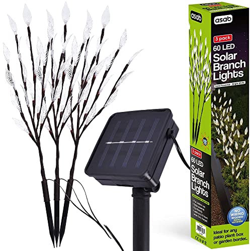 ASAB Solar Powered Tree Branch Lights, Garden Decorations with Leaf Design | Set of 3 | Fairy Decorative 60 LED Solar Lights, Outdoor Garden Decking Lights, Great for Pathway, Footpath - White