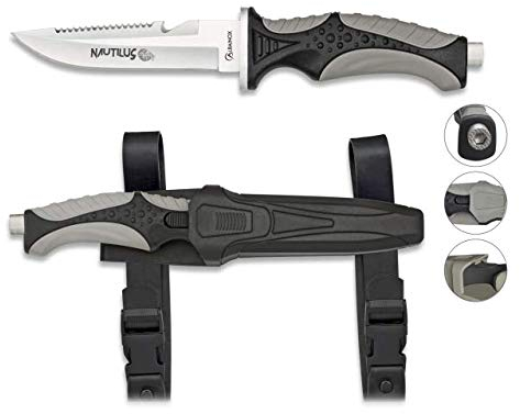 Cuchillo Submarinismo y Actividades acuaticas NAUTILUS negro 11,5 cm Buceo,Caza, Pesca, Camping, Outdoor, Supervivencia y Bushcraft Albainox 32351 + Portabotellas de regalo
