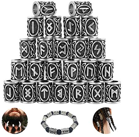 Bartperle Wikinger Rune Bart Perlen Haarperlen Bartschmuck Wikinger Bart Perlen Haar Anhänger Bart Schmuck für Haar Flechten Armband Anhänger Halskette Silber DIY Schmuck Haarschmuck (24 Stück)