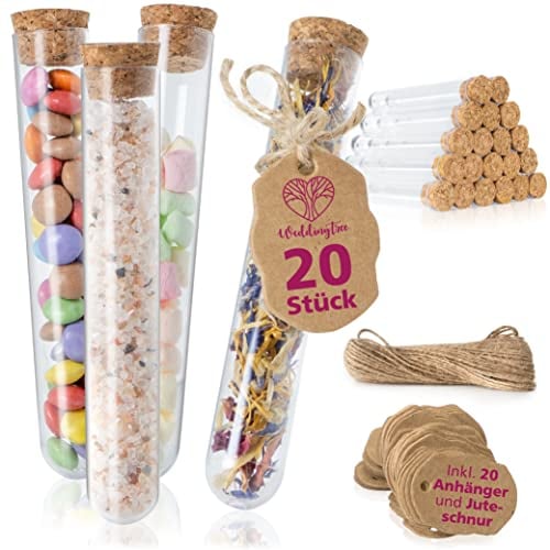 WeddingTree 20 x Reagenzglas mit Korken Glas 18 x 105 mm – Mit Juteschnur und Anhänger – Als Gastgeschenk Hochzeitsdeko Gewürzgläser